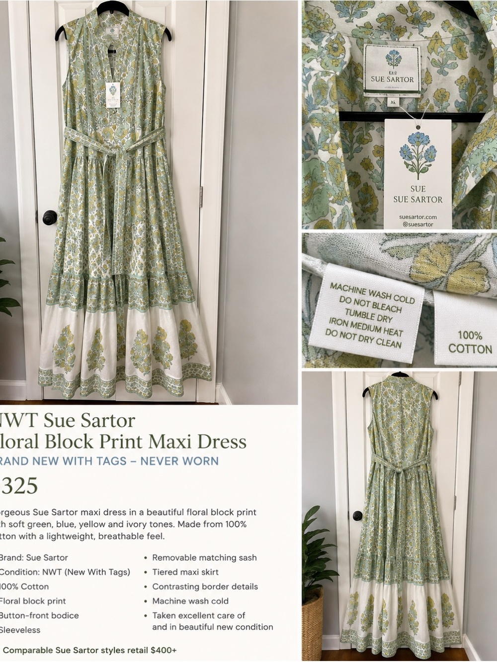 Sue Sartor Green Floral Block-Print Maxi Dress